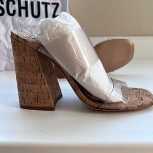 NWB Schutz Victorie Clear Vinyl Block Sandals! Gorgeous Cork Heels! Size 8.5